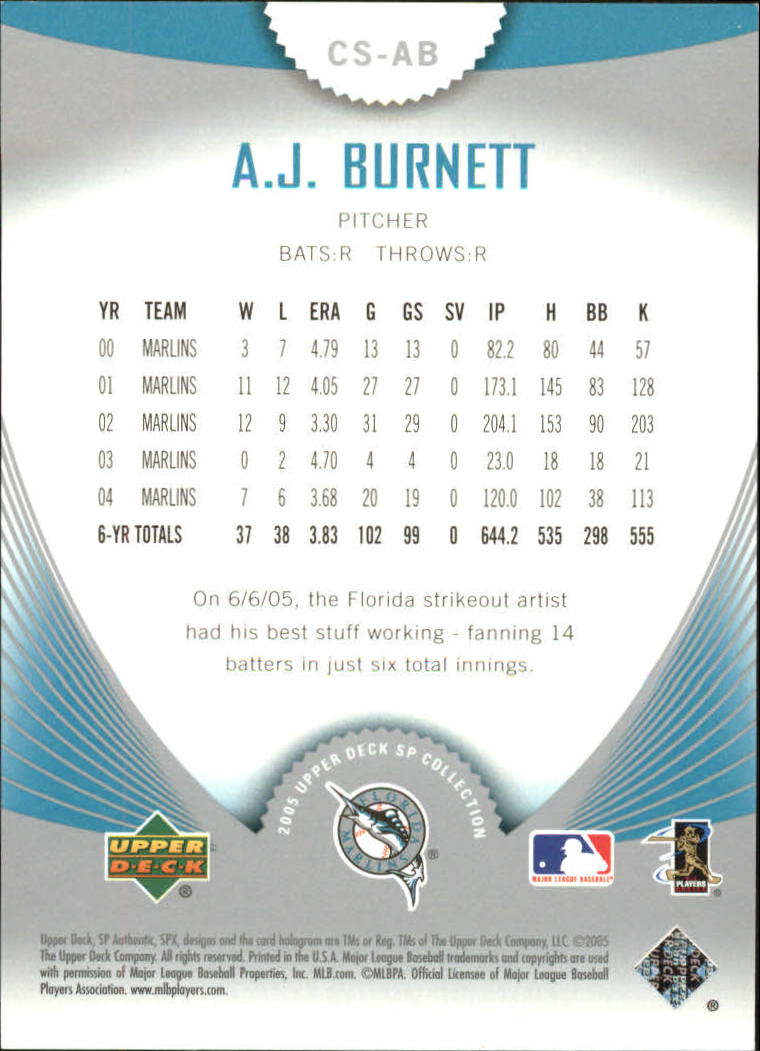 2005 SP Collection of Stars #AB A.J. Burnett back image