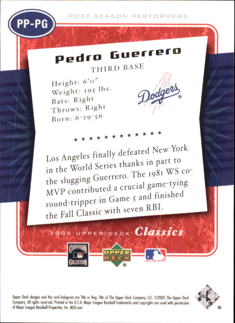 2005 Upper Deck Classics Post Season Performers #PG Pedro Guerrero back image