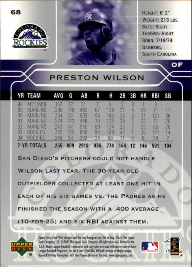 2005 Upper Deck First Pitch #68 Preston Wilson back image