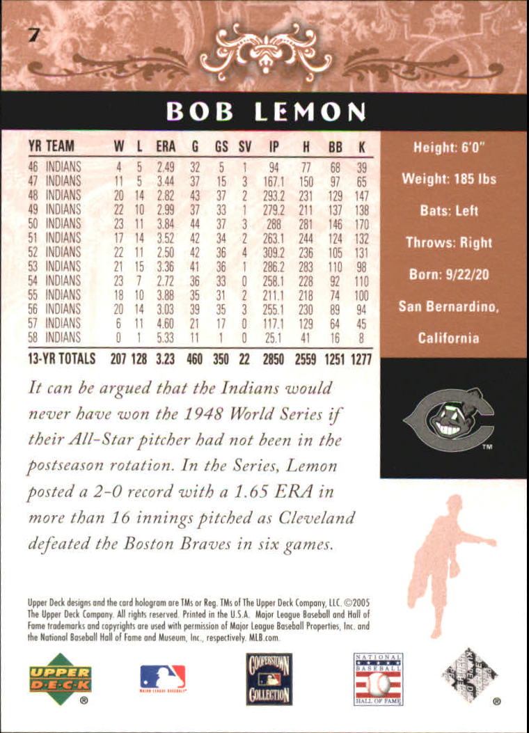 2005 Upper Deck Hall of Fame #7 Bob Lemon back image