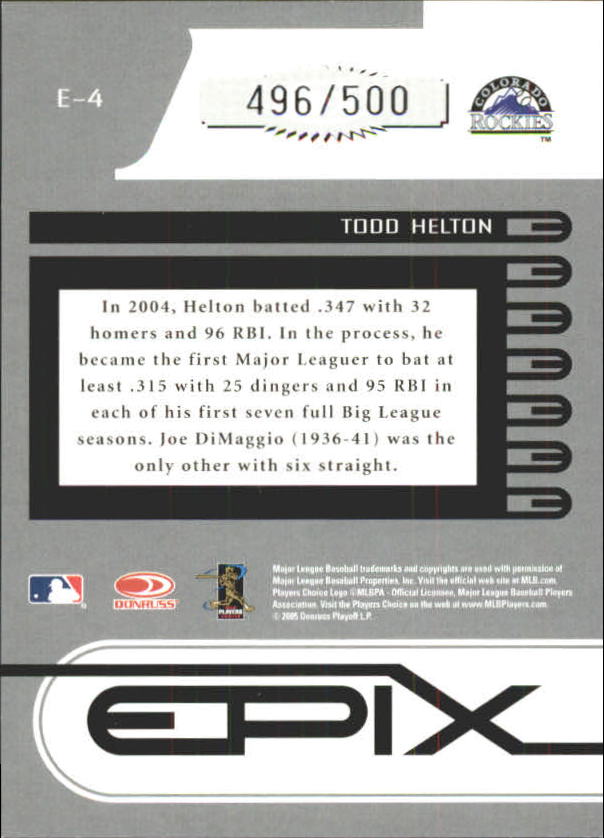 2005 Zenith Epix Orange Game #4 Todd Helton back image