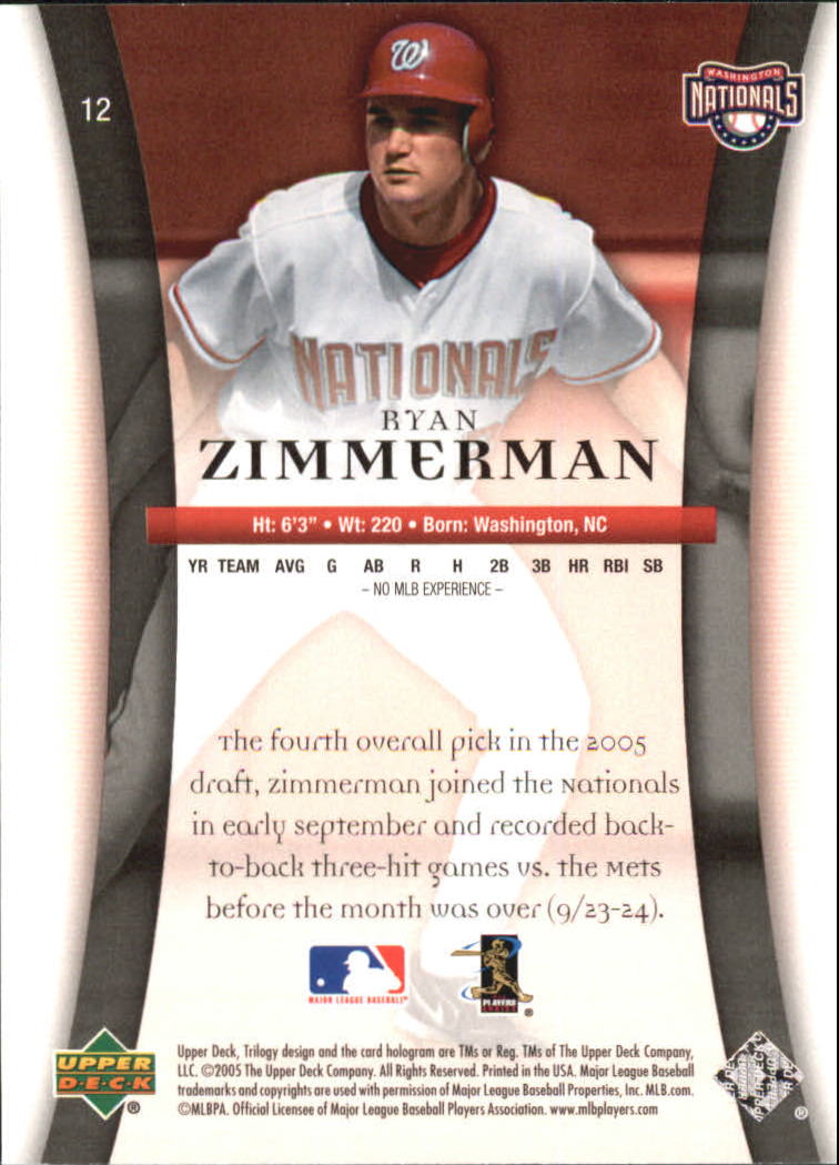 2005 Upper Deck Trilogy #12 Ryan Zimmerman RC back image