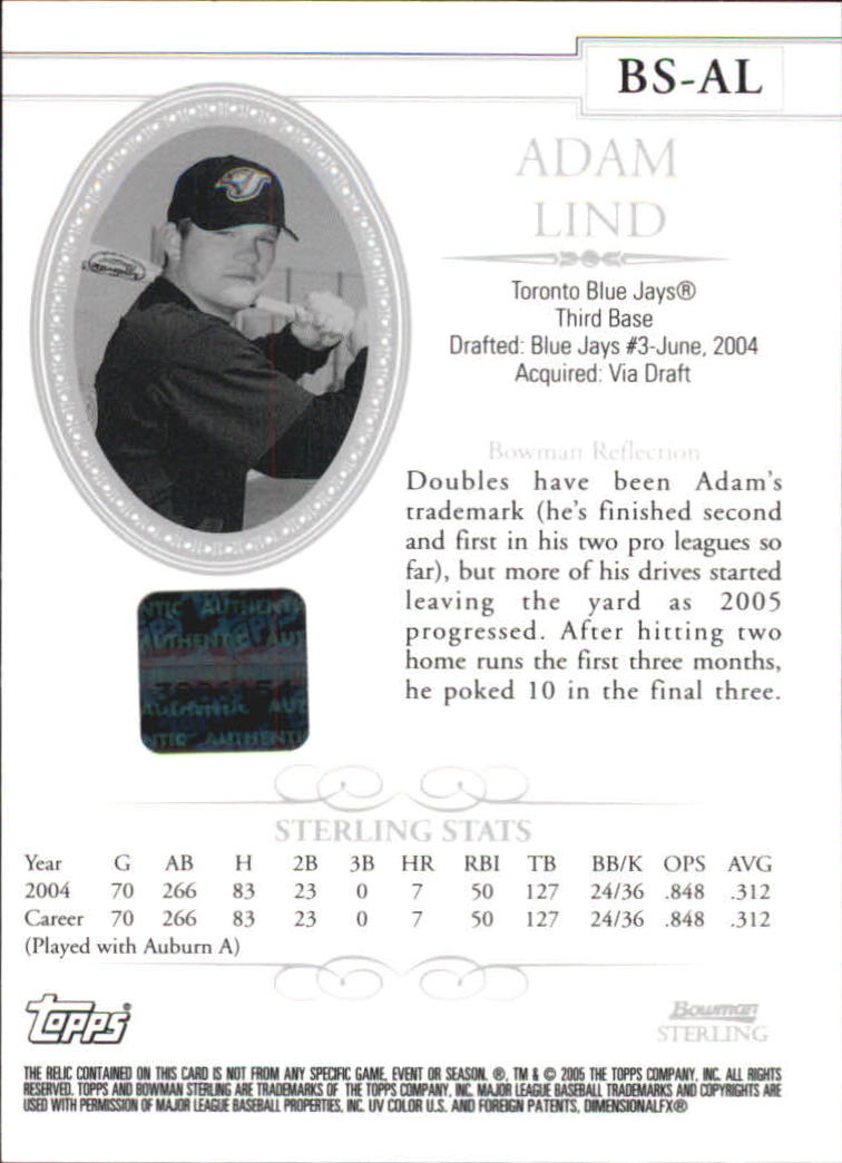 2005 Bowman Sterling #AL Adam Lind AU Bat B back image