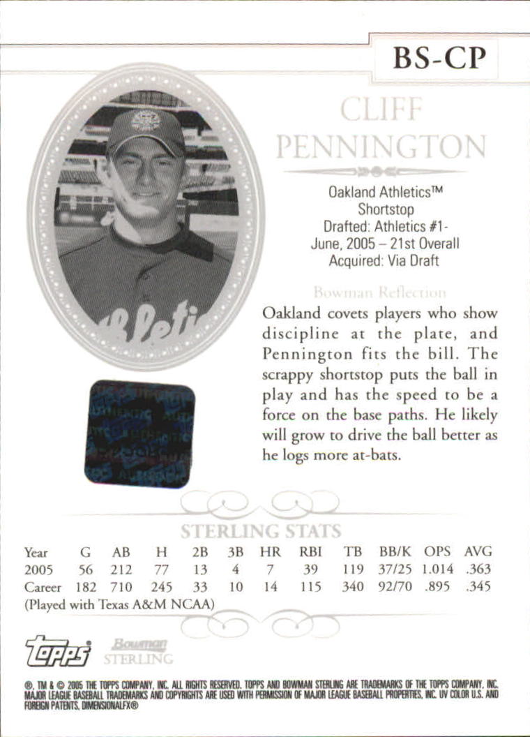 2005 Bowman Sterling #CP Cliff Pennington AU B RC back image