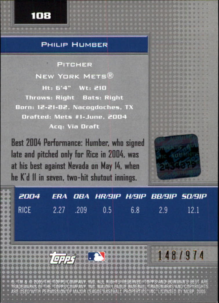 2005 Bowman's Best #108 Philip Humber FY AU RC back image
