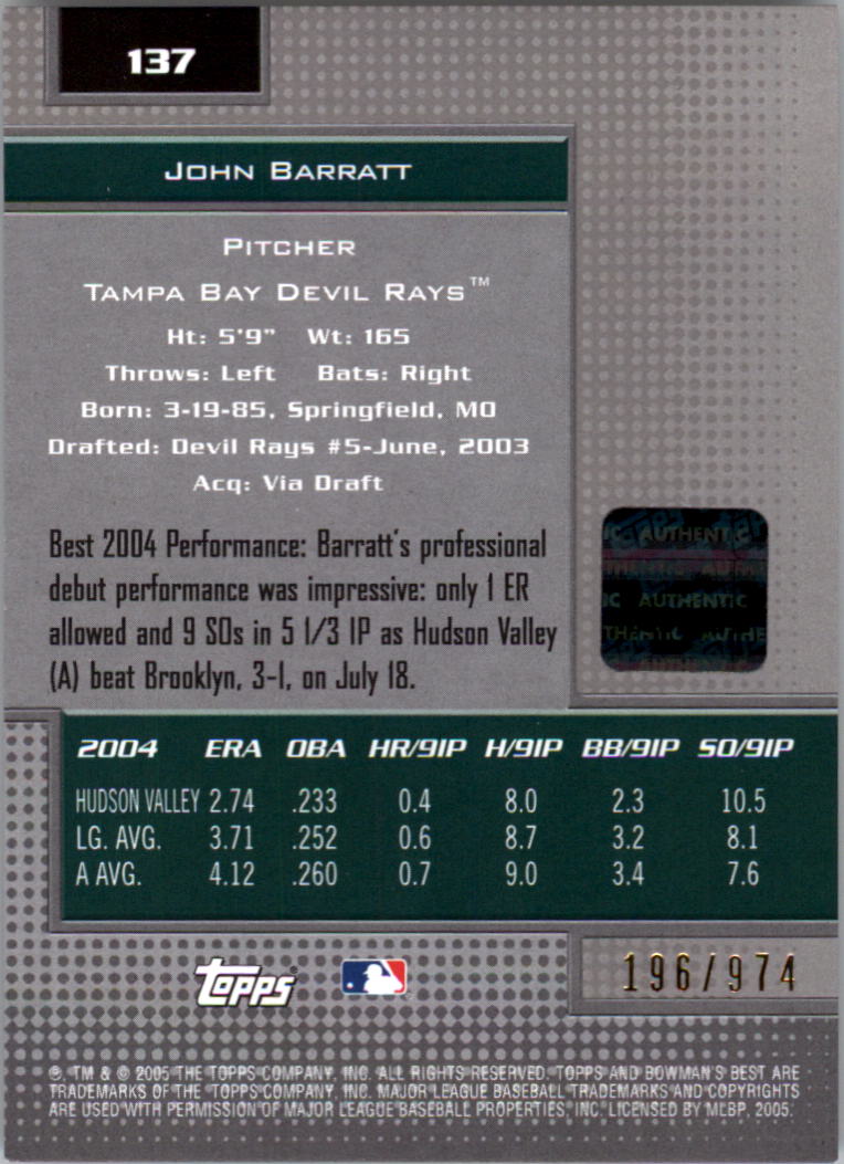 2005 Bowman's Best #137 Jon Barratt FY AU RC back image