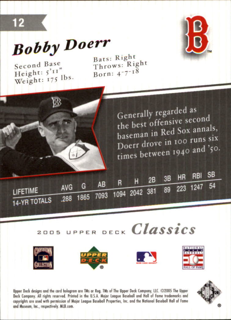 2005 Upper Deck Classics #12 Bobby Doerr back image