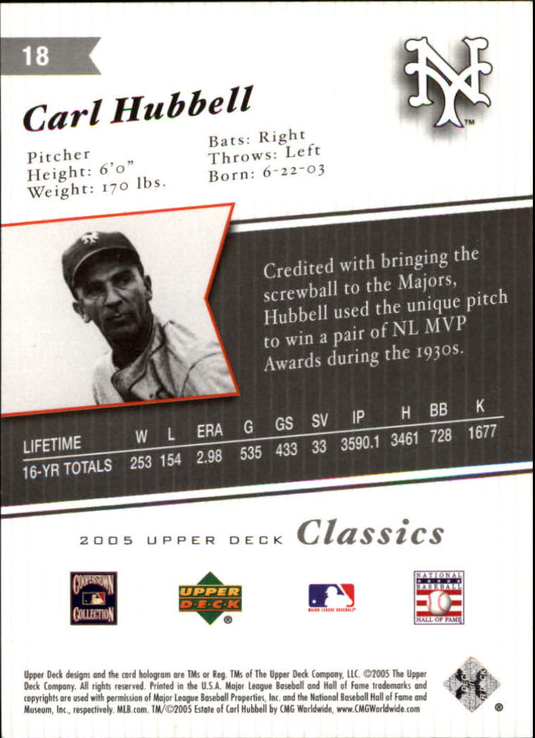 2005 Upper Deck Classics #18 Carl Hubbell back image