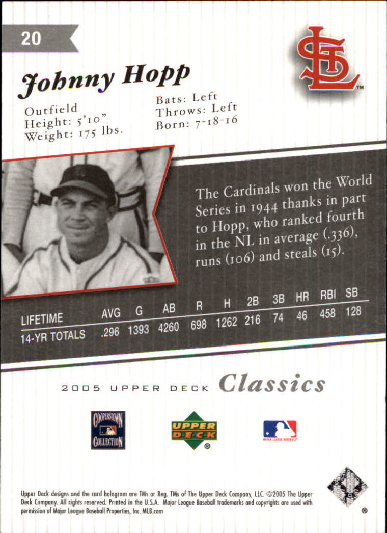 2005 Upper Deck Classics #20 Johnny Hopp back image