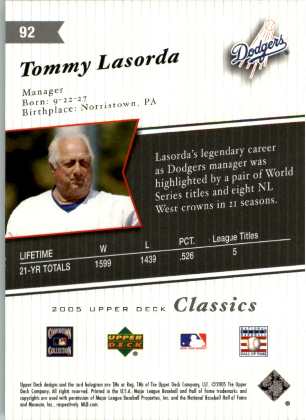 2005 Upper Deck Classics #92 Tommy Lasorda back image