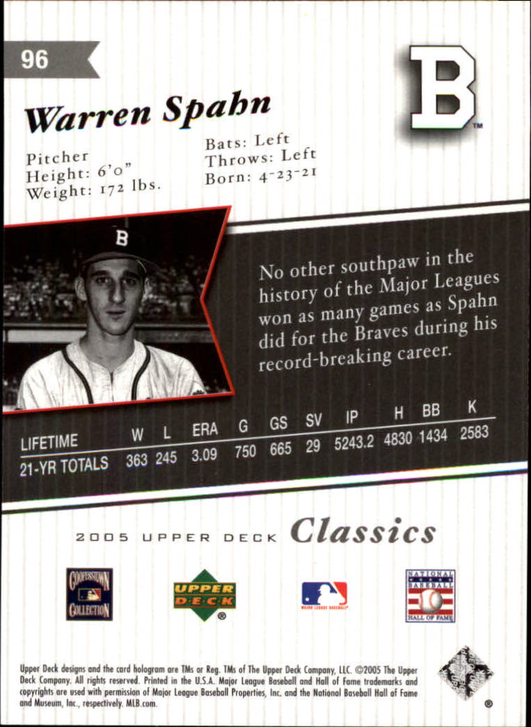 2005 Upper Deck Classics #96 Warren Spahn back image