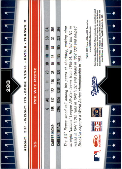 2005 Donruss Champions #293 Pee Wee Reese back image