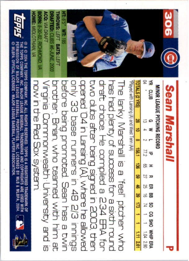 2005 Topps #306 Sean Marshall FY RC back image