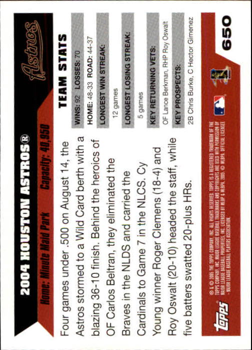 2005 Topps 1st Edition #650 Houston Astros TC back image