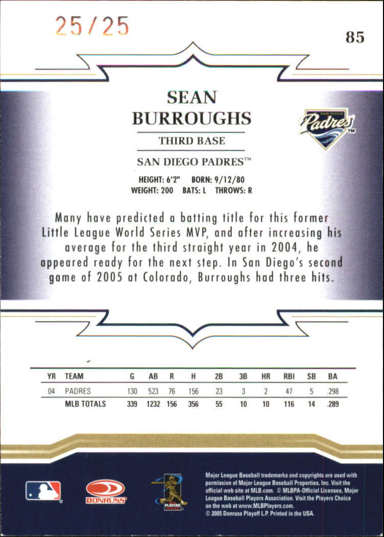 2005 Throwback Threads Signature Marks #85 Sean Burroughs/25 back image