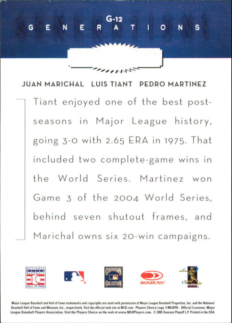 2005 Throwback Threads Generations #12 Marichal/Tiant/Pedro back image