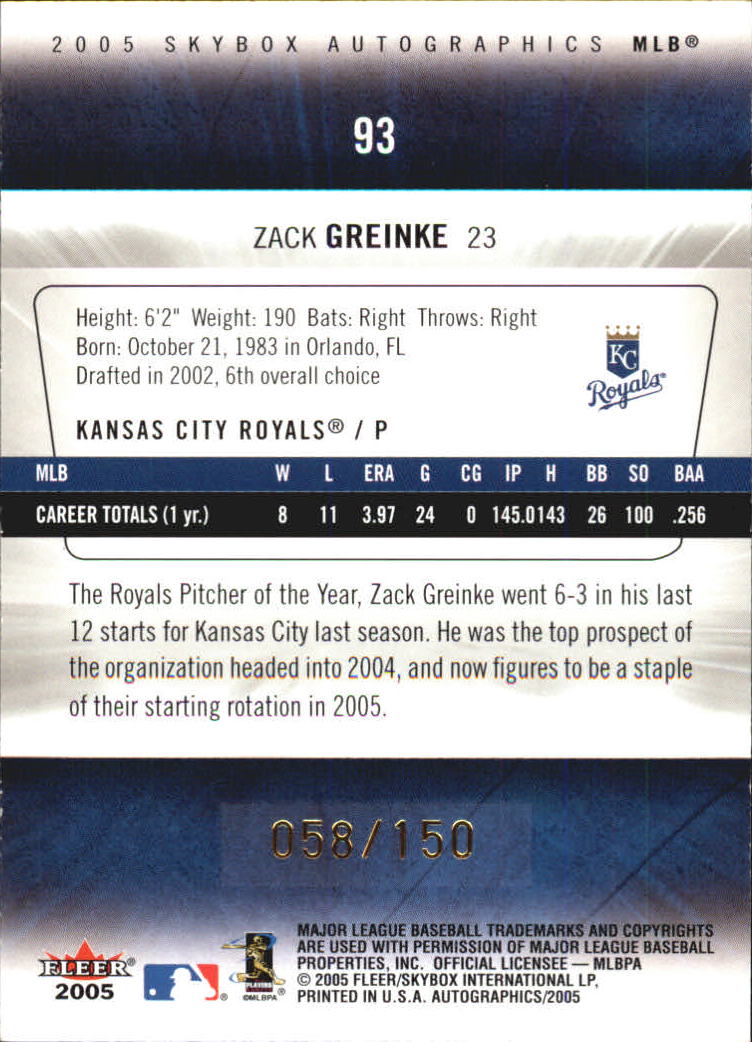 2005 SkyBox Autographics Insignia #93 Zack Greinke ROO back image