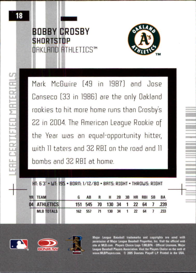 2005 Leaf Certified Materials #18 Bobby Crosby back image