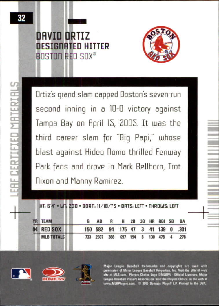 2005 Leaf Certified Materials #32 David Ortiz Sox back image