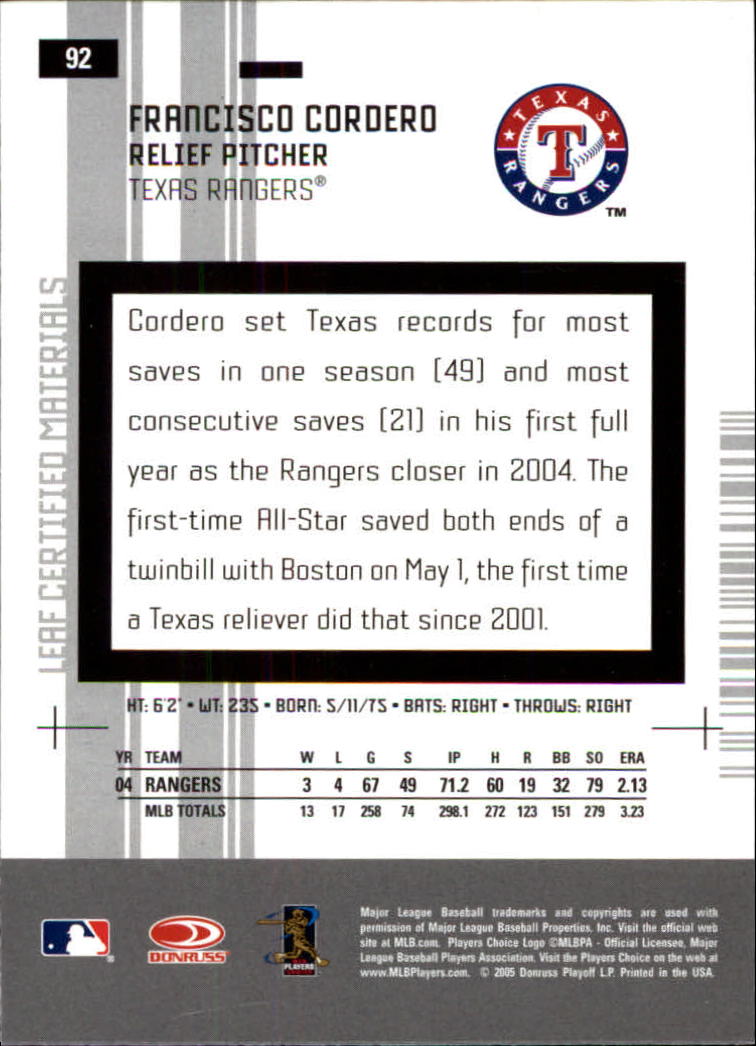 2005 Leaf Certified Materials #92 Francisco Cordero back image