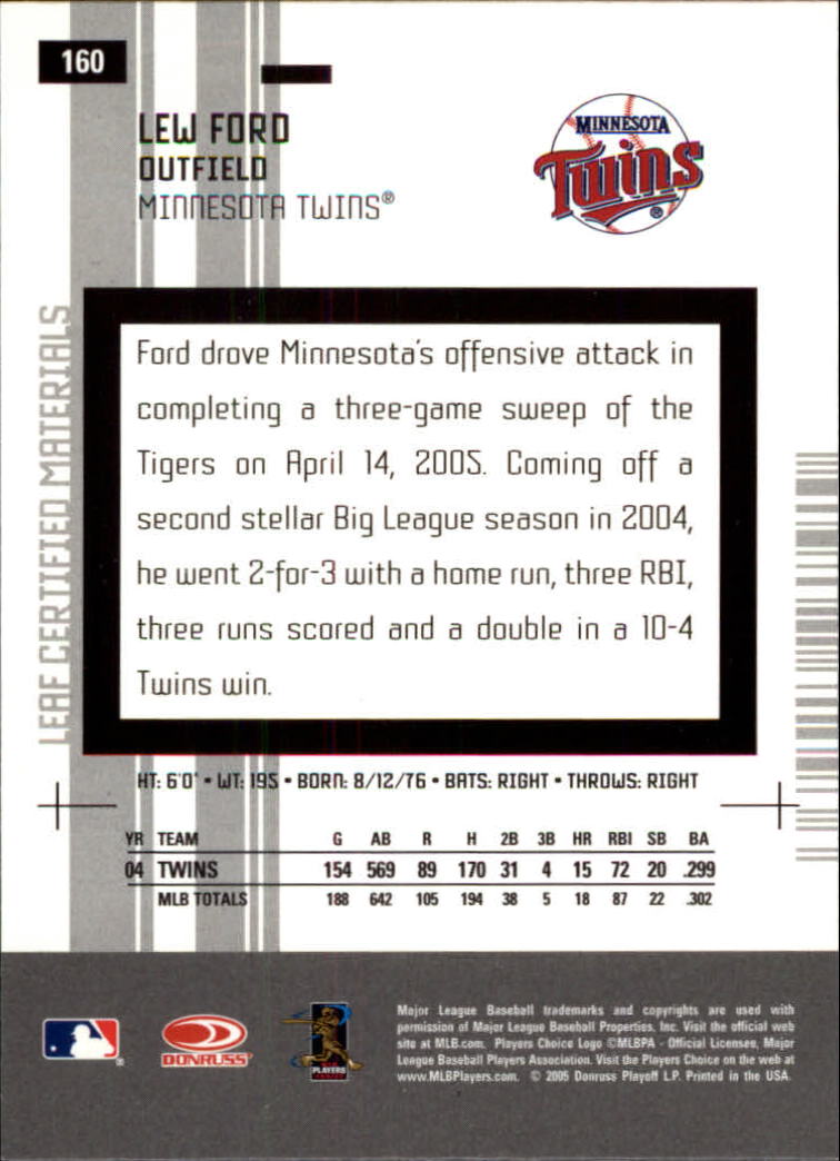2005 Leaf Certified Materials #160 Lew Ford back image