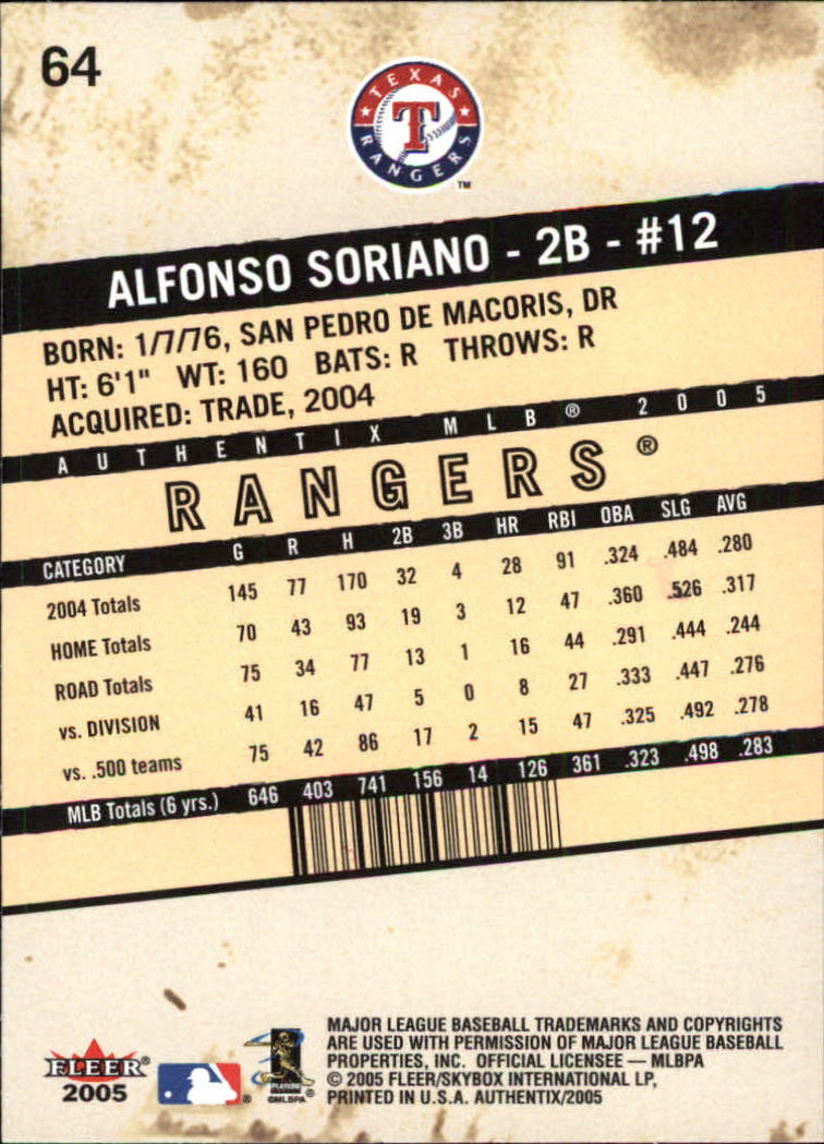 2005 Fleer Authentix #64 Alfonso Soriano back image