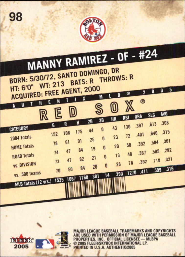 2005 Fleer Authentix #98 Manny Ramirez back image
