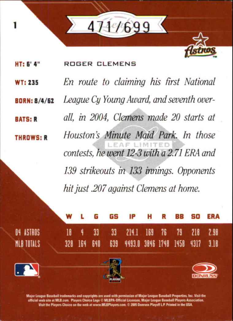 2005 Leaf Limited #1 Roger Clemens H back image