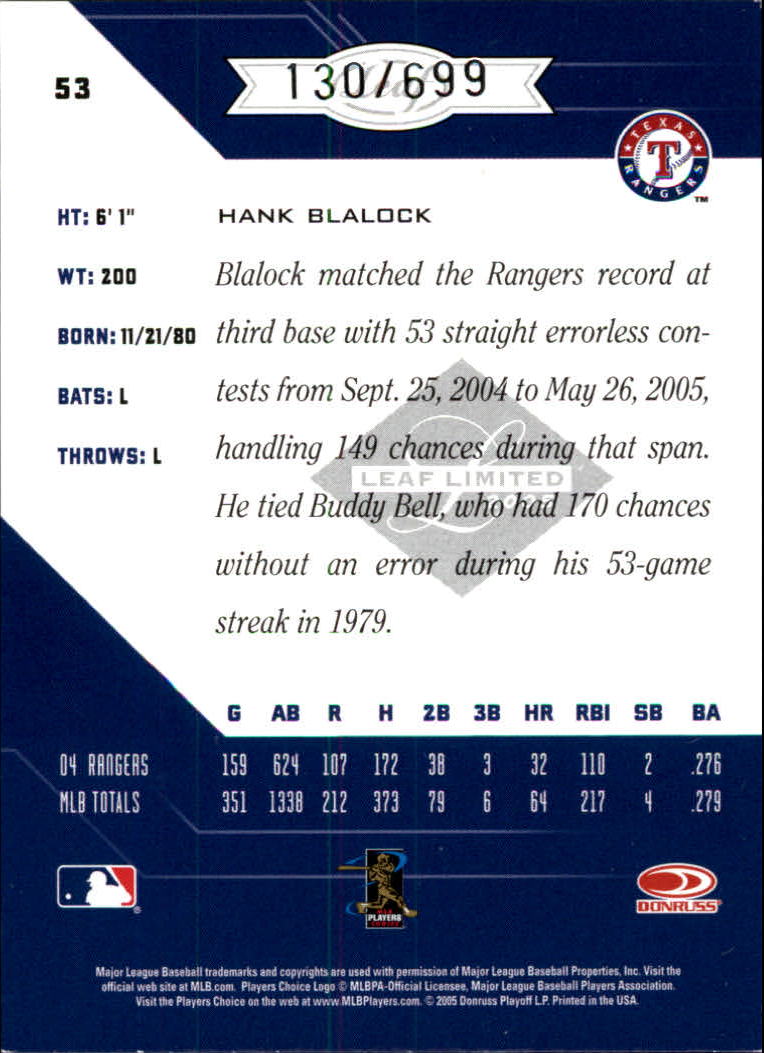 2005 Leaf Limited #53 Hank Blalock back image
