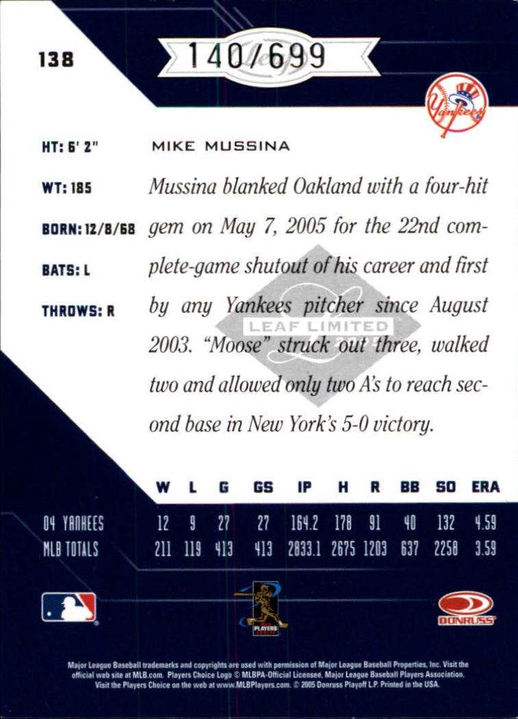 2005 Leaf Limited #138 Mike Mussina back image