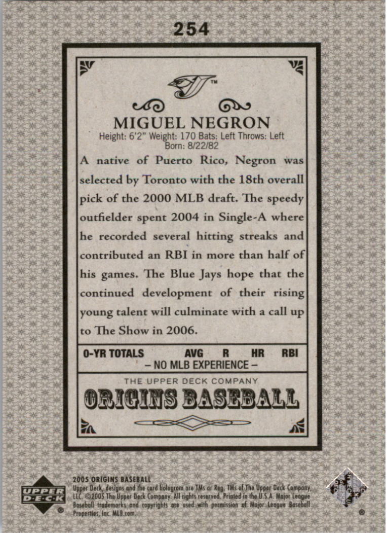 2005 Origins Old Judge #254 Miguel Negron YS RC back image