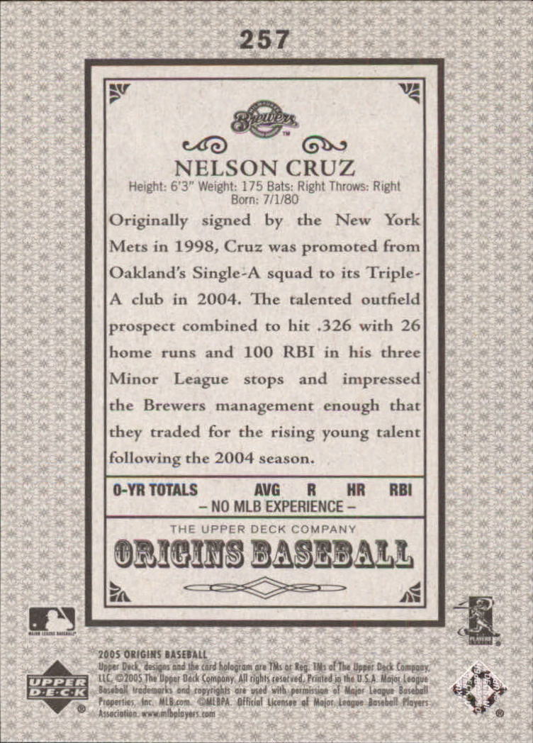 2005 Origins Old Judge #257 Nelson Cruz YS RC back image