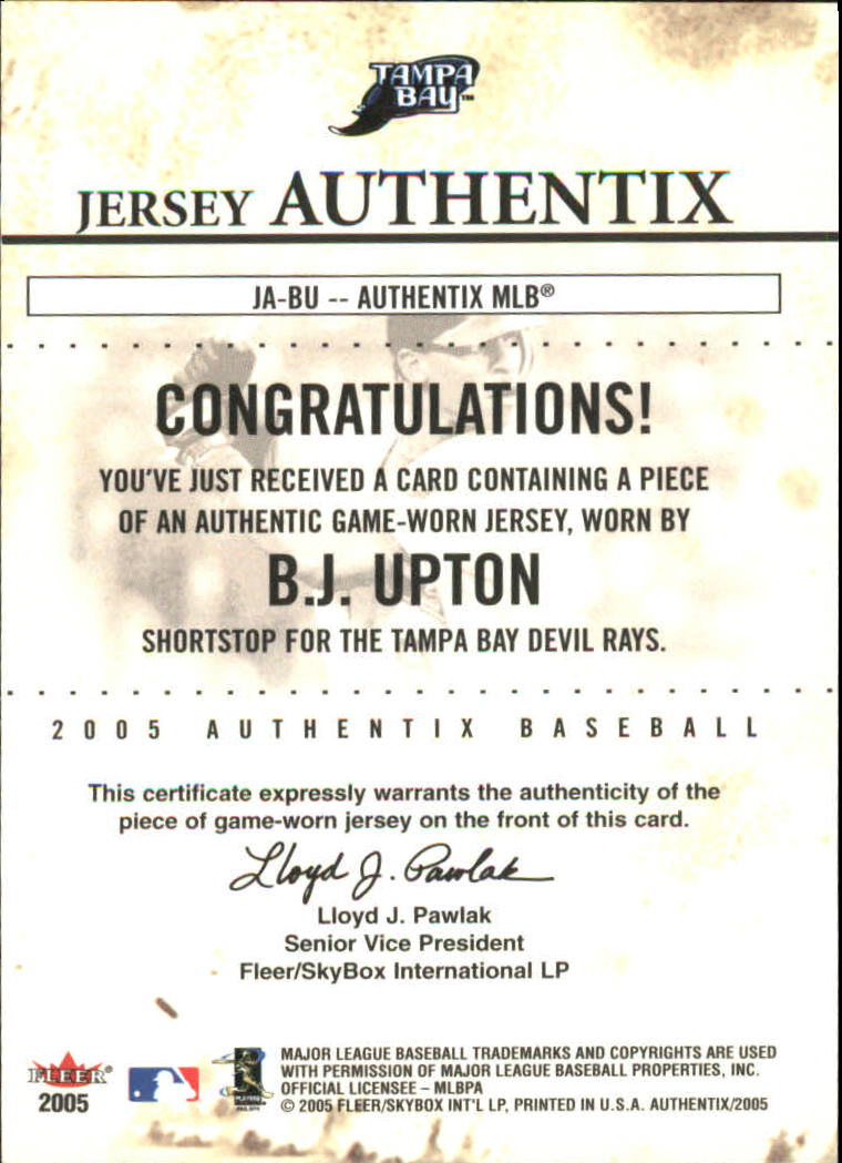 2005 Fleer Authentix Jersey Club Box #BU B.J. Upton back image