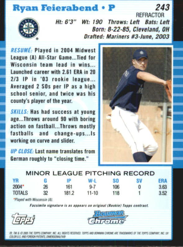 2005 Bowman Chrome Refractors #243 Ryan Feierabend back image