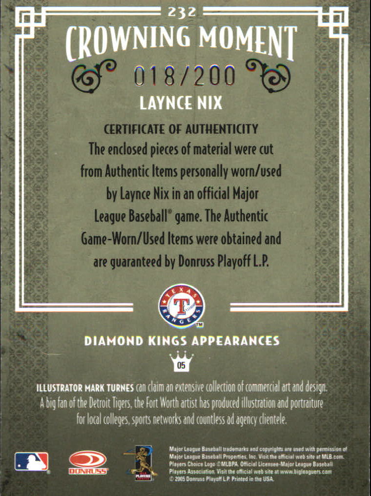 2005 Diamond Kings Signature Materials Bronze #232 Laynce Nix Bat-Jsy/200 back image
