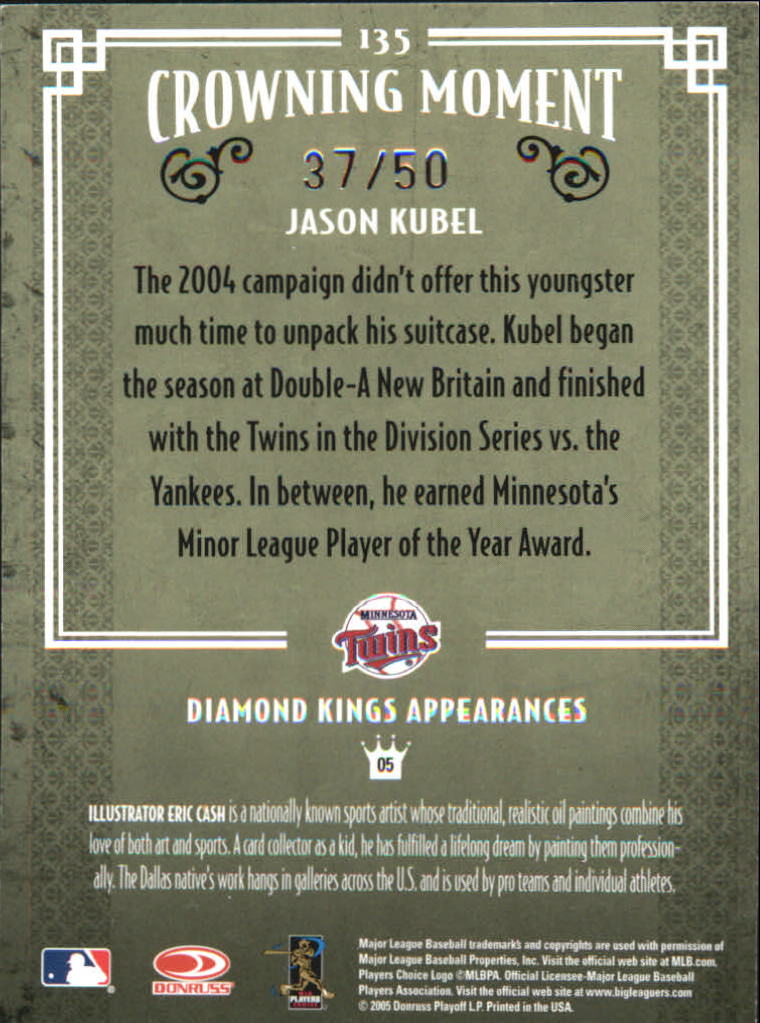 2005 Diamond Kings Signature Framed Red #135 Jason Kubel/50 back image