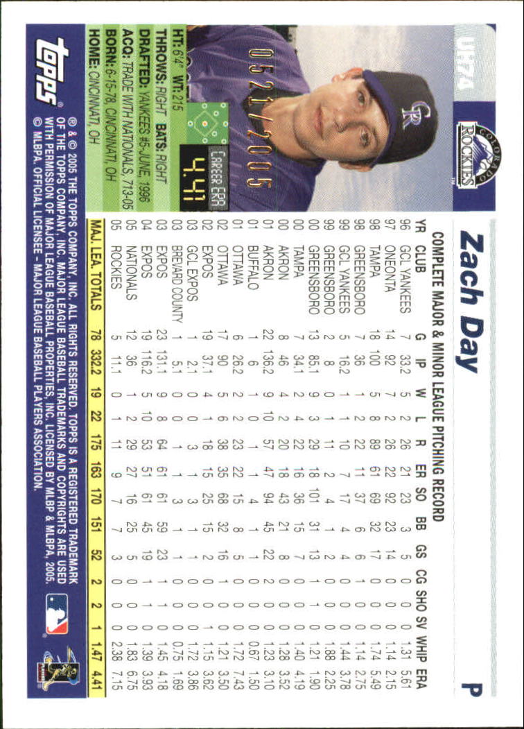 2005 Topps Update Gold #74 Zach Day back image