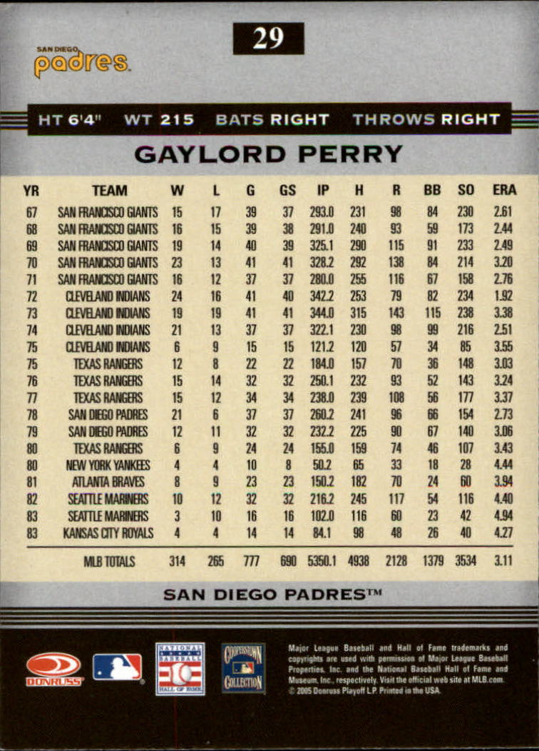 2005 Donruss Greats #29 Gaylord Perry back image