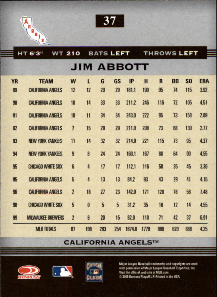 2005 Donruss Greats #37 Jim Abbott back image