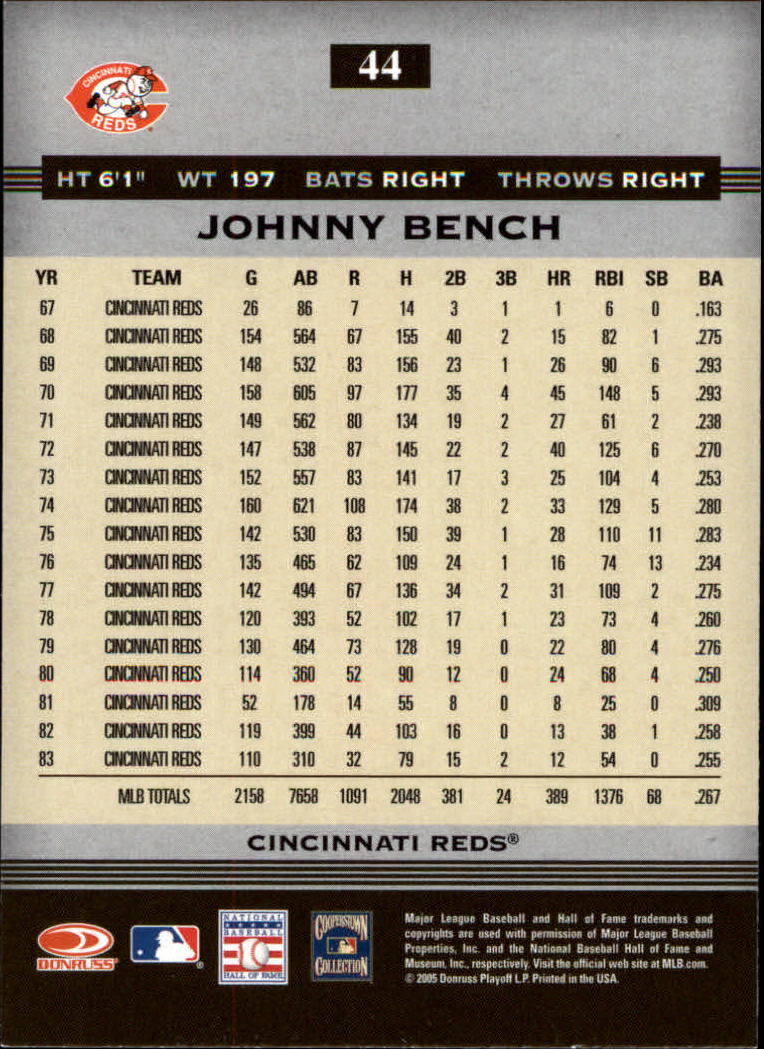 2005 Donruss Greats #44 Johnny Bench back image