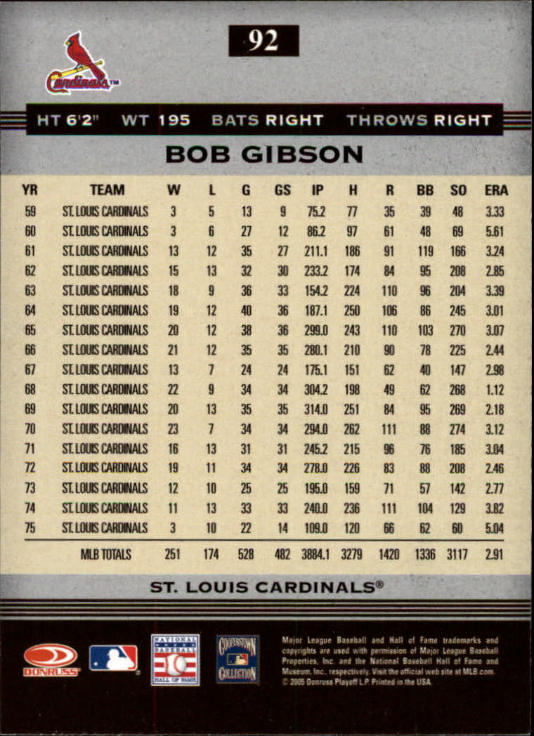 2005 Donruss Greats #92 Bob Gibson back image