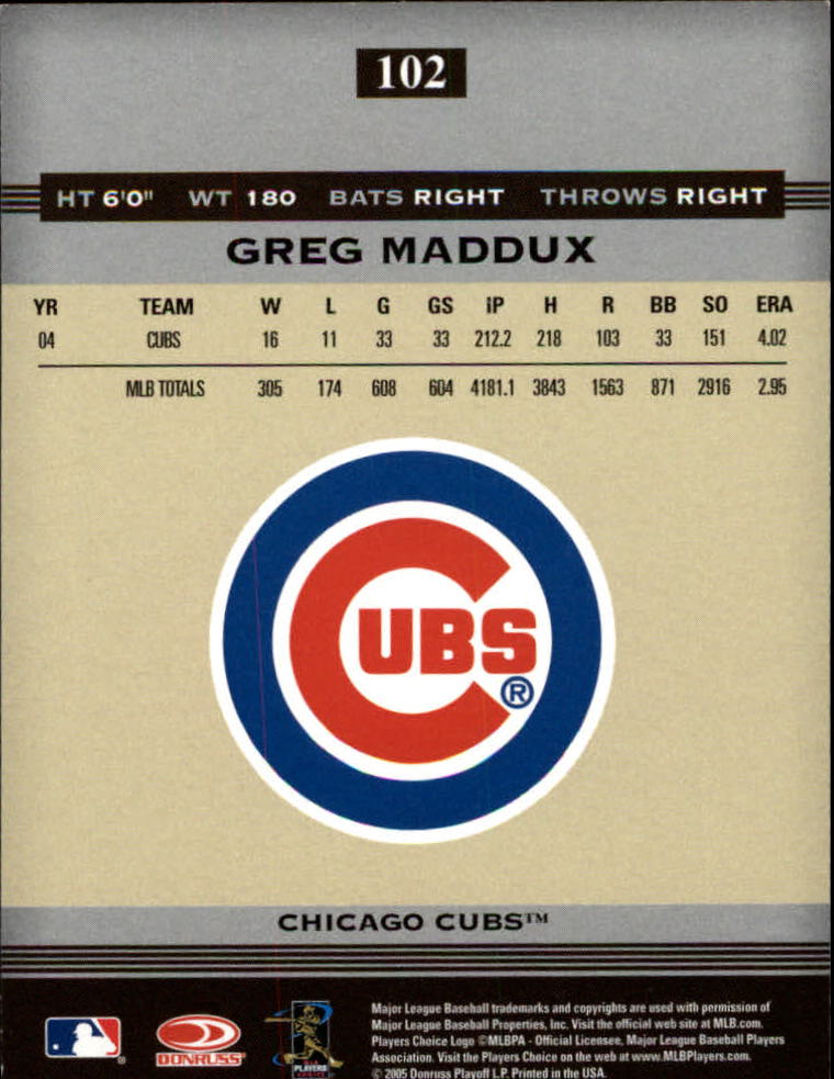 2005 Donruss Greats #102 Greg Maddux Cubs back image