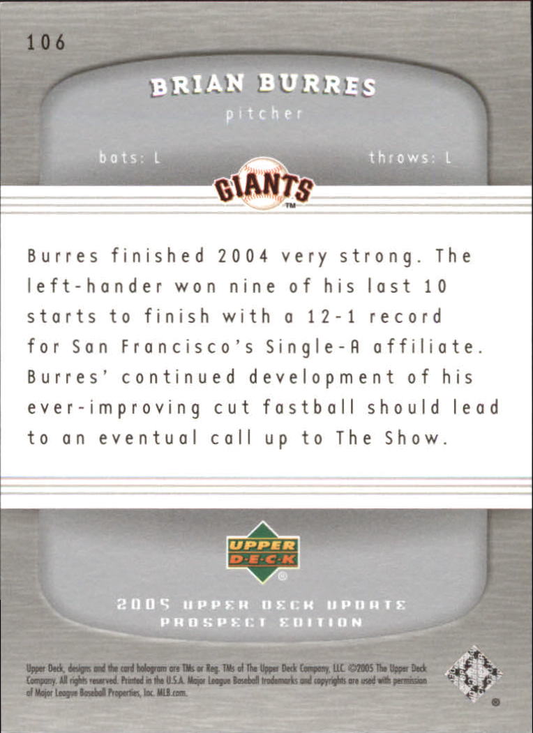 2005 Upper Deck Update Silver #106 Brian Burres PR back image