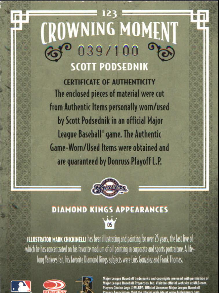 2005 Diamond Kings Materials Framed Red #123 Scott Podsednik Jsy-Jsy/100 back image