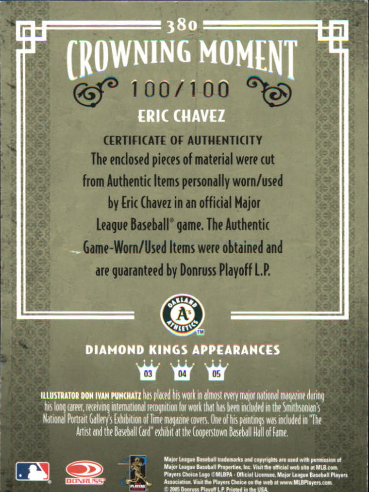 2005 Diamond Kings Materials Framed Red #380 Eric Chavez Jsy-Jsy/100 back image