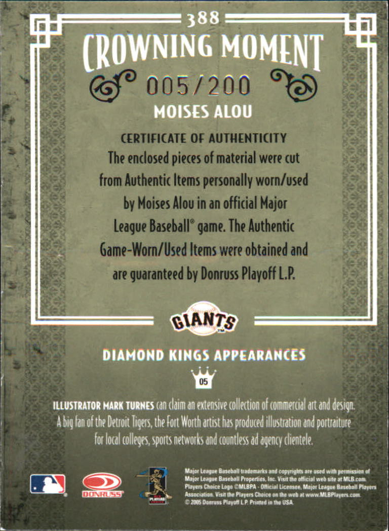 2005 Diamond Kings Materials Framed Red #388 Moises Alou Bat-Bat/200 back image