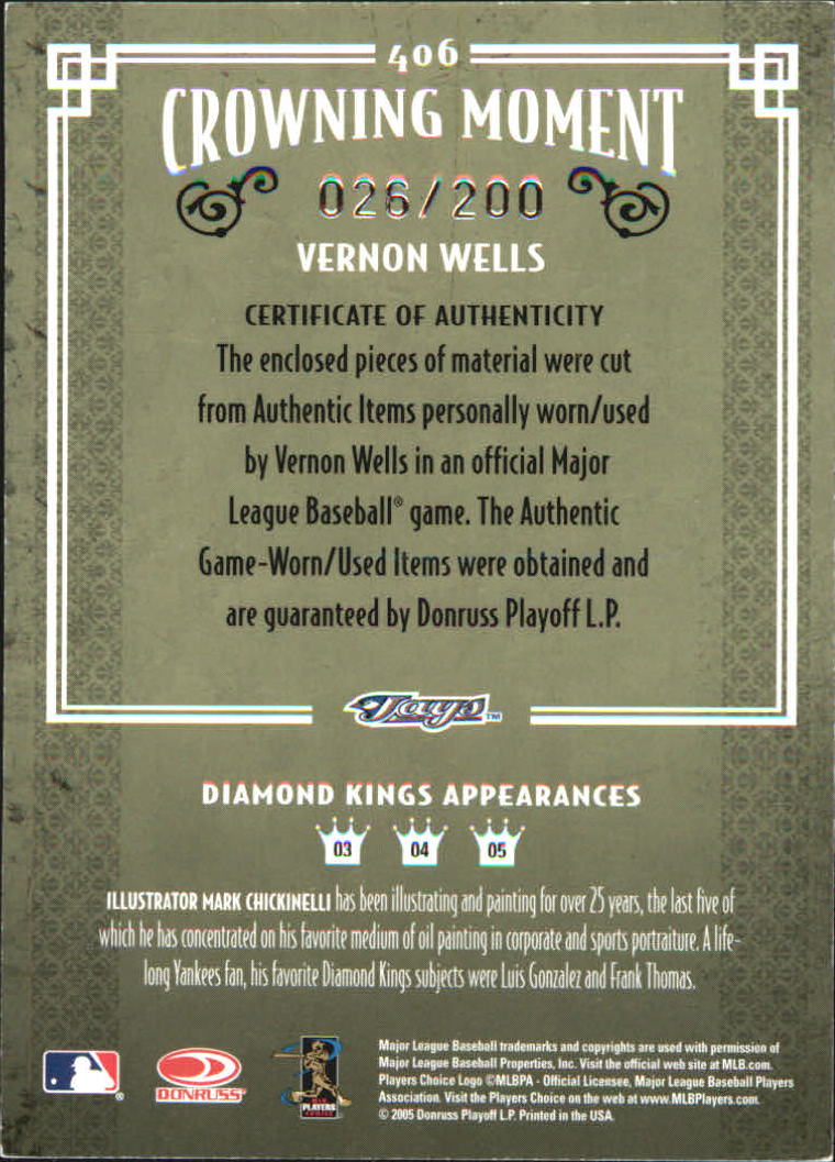 2005 Diamond Kings Materials Framed Red #406 Vernon Wells Jsy-Jsy/200 back image