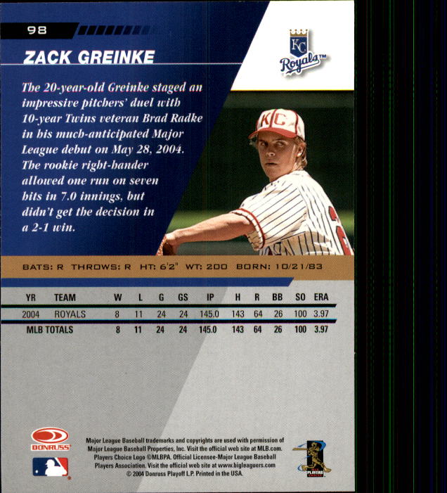 2005 Leaf #98 Zack Greinke back image