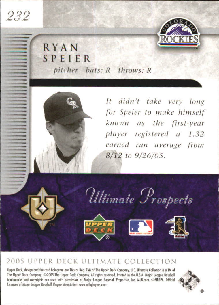 2005 Ultimate Collection #232 Ryan Speier UP RC back image