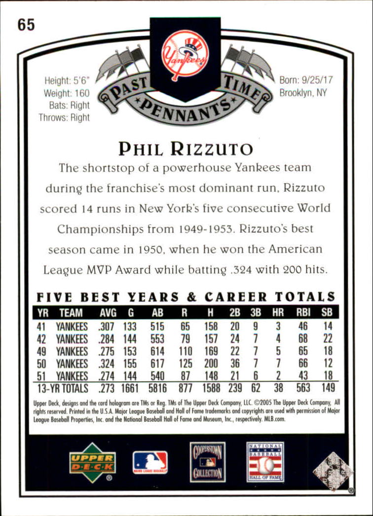 2005 UD Past Time Pennants #65 Phil Rizzuto back image